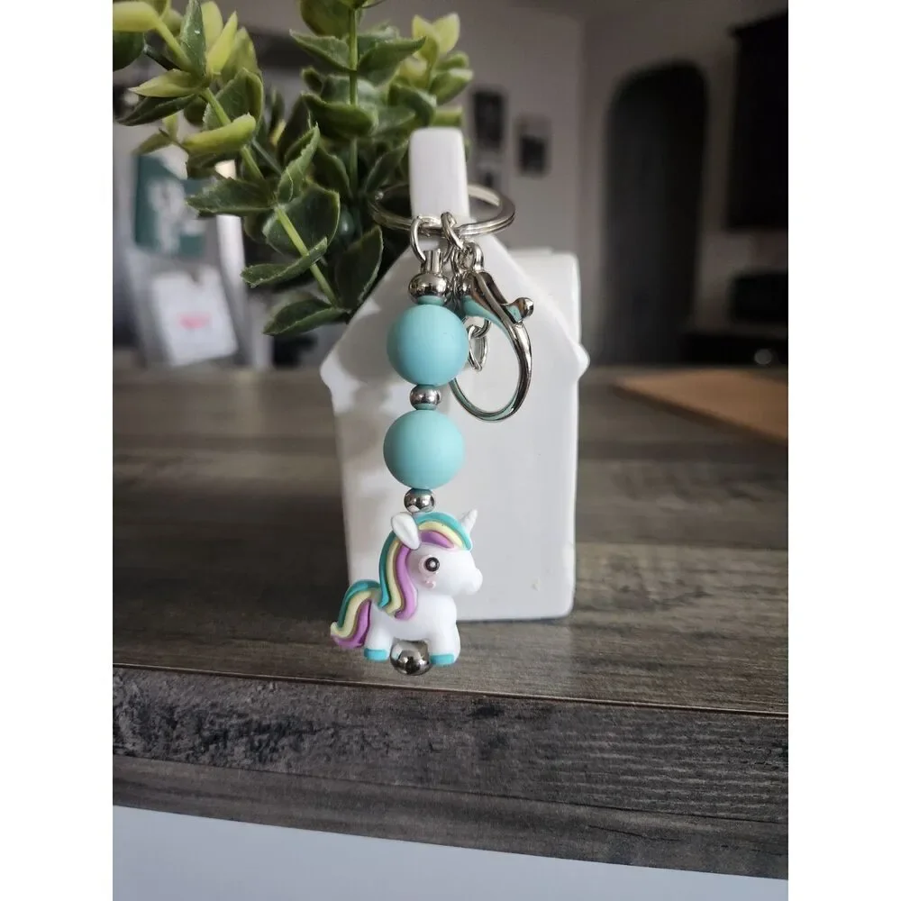 Unicorn Silicone Beaded Keychain (Teal)